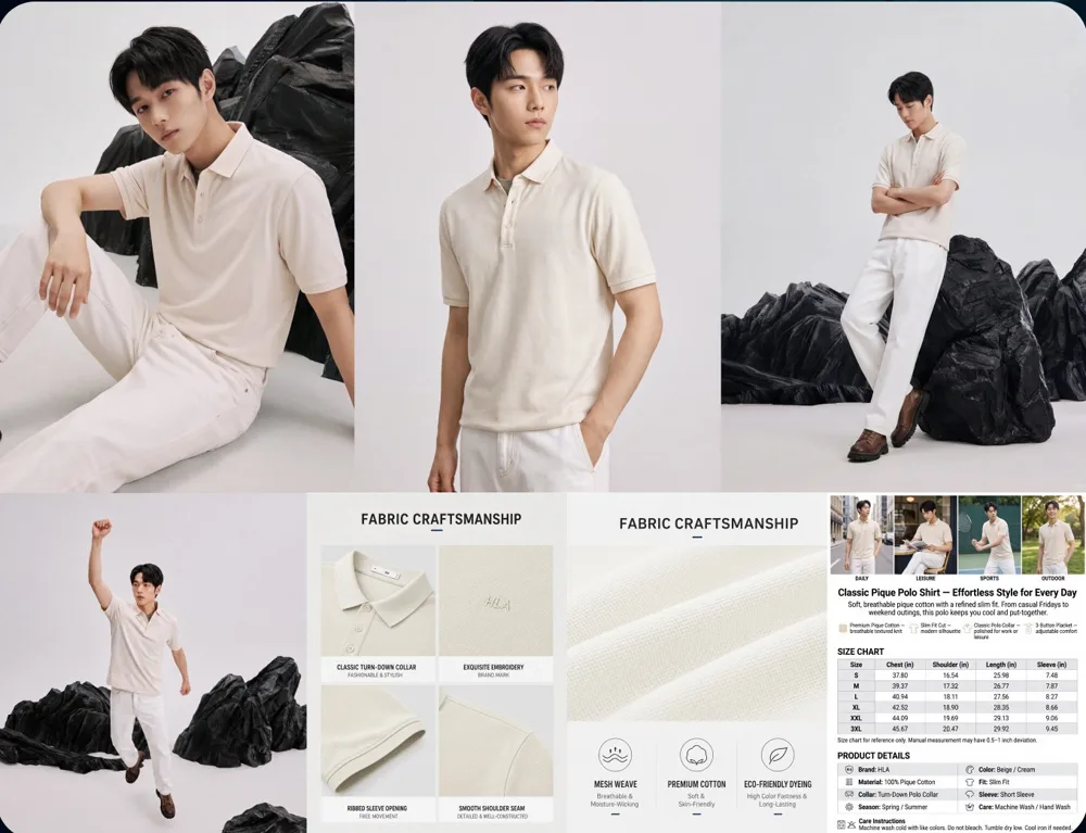 AI-generated menswear e-commerce and fabric detail imagery
